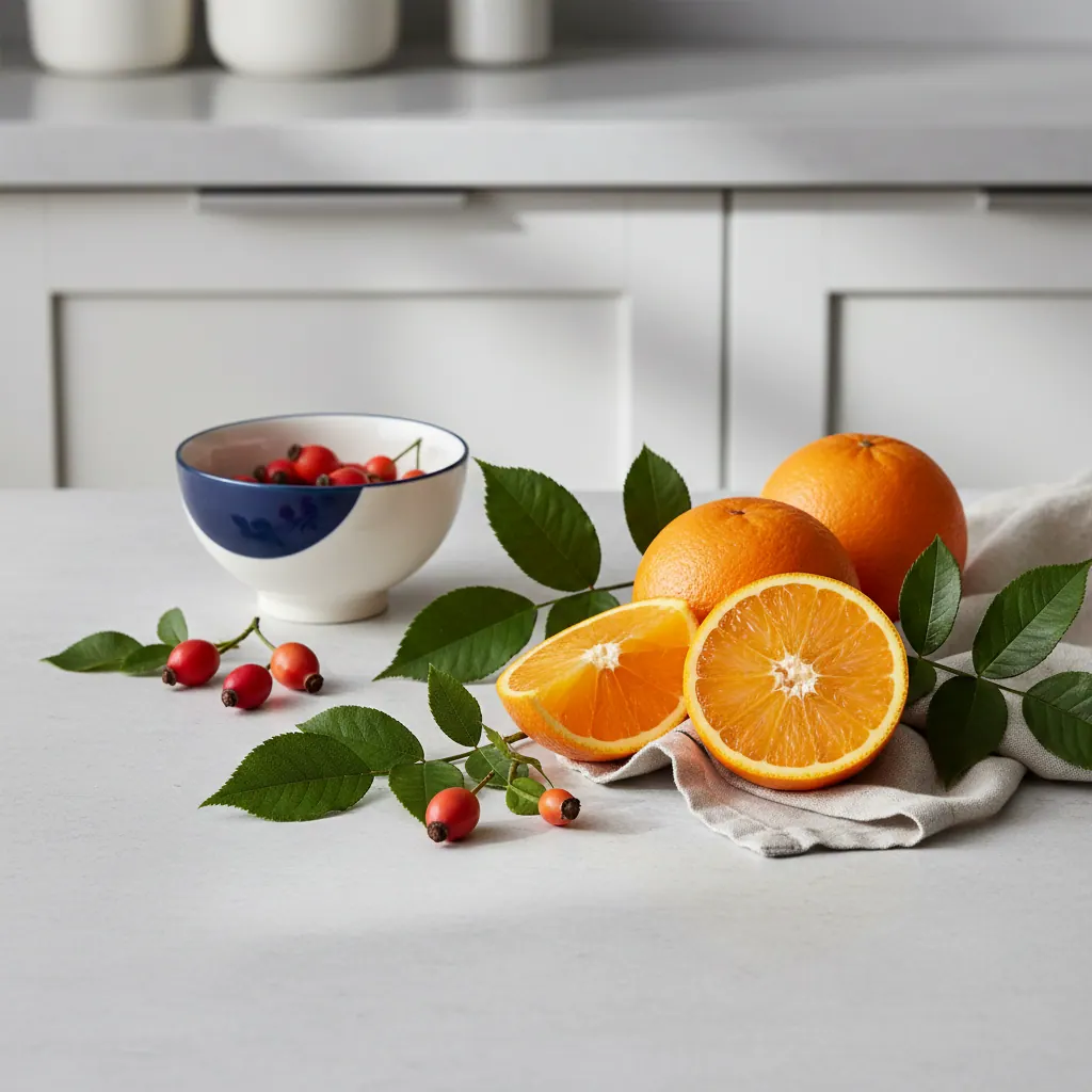 Glas water op een lichte houten tafel naast verse citrusvruchten en groene bladeren